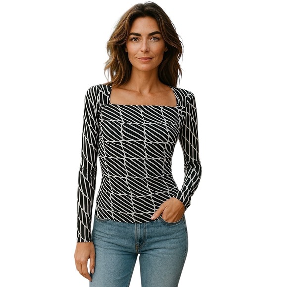Nara Maglie Top Size III Small Black White Geometric Stretchy Long Sleeve Italy - Picture 1 of 15